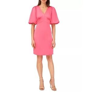 Halogen Puff Sleeve Satin Dress V-Neck Empire Waist Hot Pink Womens Size Medium